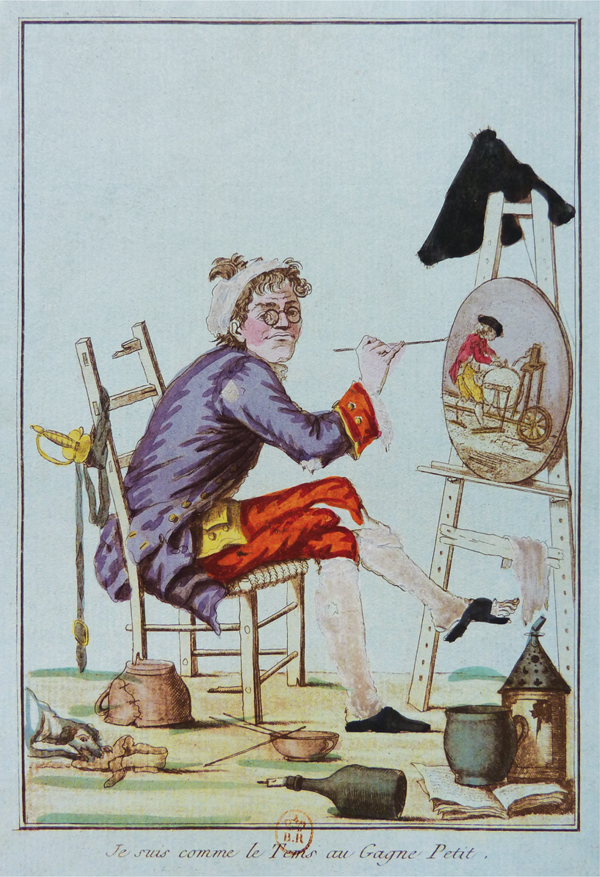Figure 2.6 A hand-colored etching depicting a bedraggled artist sitting before an easel and oval-shaped canvas in a shabby studio. In his right hand he holds a paintbrush to the canvas, while glancing outward over his shoulder.