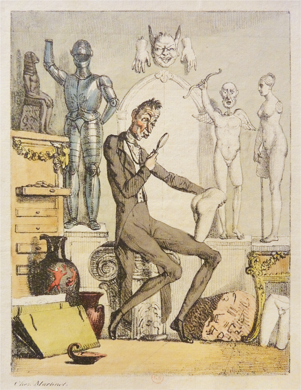 Figure 4.13 A lithograph depicting a well-dressed man, his top hat balanced on his lap, hunched over a small canvas held in his right hand as he inspects the artwork with the small magnifier held between his left thumb and forefinger. Appears in grayscale.