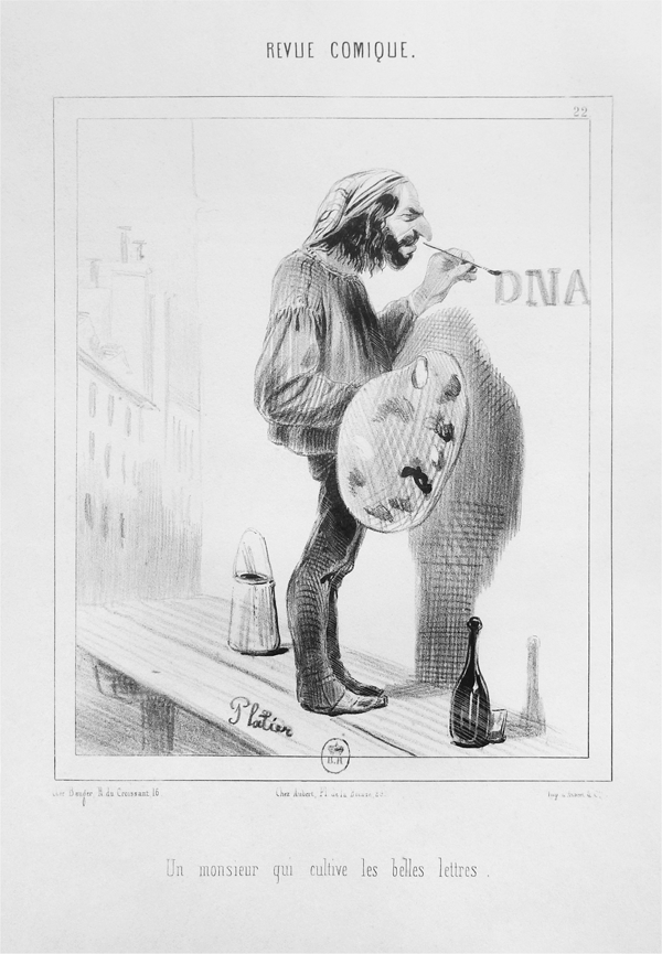 Figure 4.25 A lithograph depicting a haggard illustrator, a stirring spoon in his right hand, standing next to a stew pot atop a small stove in a studio; a shadowed devil crouches behind the vessel, out of which streams lithographic albums. Appears in grayscale.