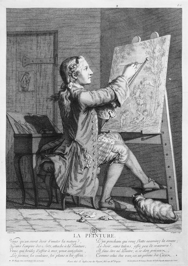 An etching depicting a painter, seated at an easel while working; the artist holds a paintbrush in his right hand and a palette and mahlstick in the other. A cat sits at his feet. Appears in grayscale.