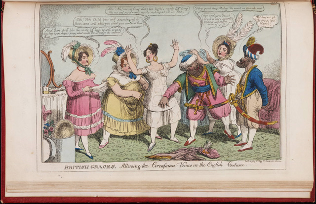 A hand-colored engraving depicting several people standing around Delarom in a dressing room: three Englishwomen wearing feathered bonnets dress her, holding pieces of clothing and tightening a corset-bodice, while two bearded men in scimitars observe.