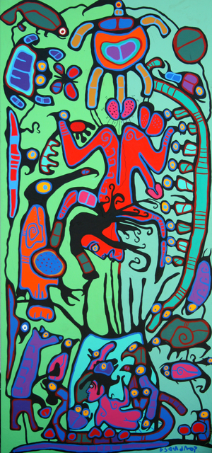 A brightly-colored painting on canvas depicting a phallic forest scene, set against a light mint background. From the top down: several animals (a bird, a beetle, and other insects) look down at a figure, their genitalia prominently featured, hanging upside-down above a group of other figures and creatures on the forest floor; along the sides are a number of other animals (a raccoon and a snake, along with several other birds and insects) watching the scene. Their bodies are composed of deep blue- and green-hued geometric shapes