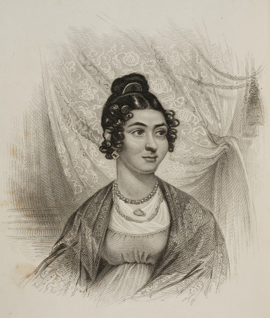 A greyscale stipple engraving depicting Delarom seated at half-length, her head turned slightly right; sitting before an ornate curtain with tassels, she wears an embroidered shawl draped over her shoulders and her hair pulled back.