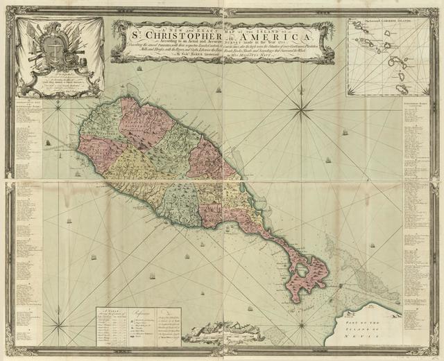 A lightly colored map depicting the island of St. Christopher in America, including all parish demarcations along with relevant infrastructure and topographical features identified; no other land mass is visible in relation to the island.