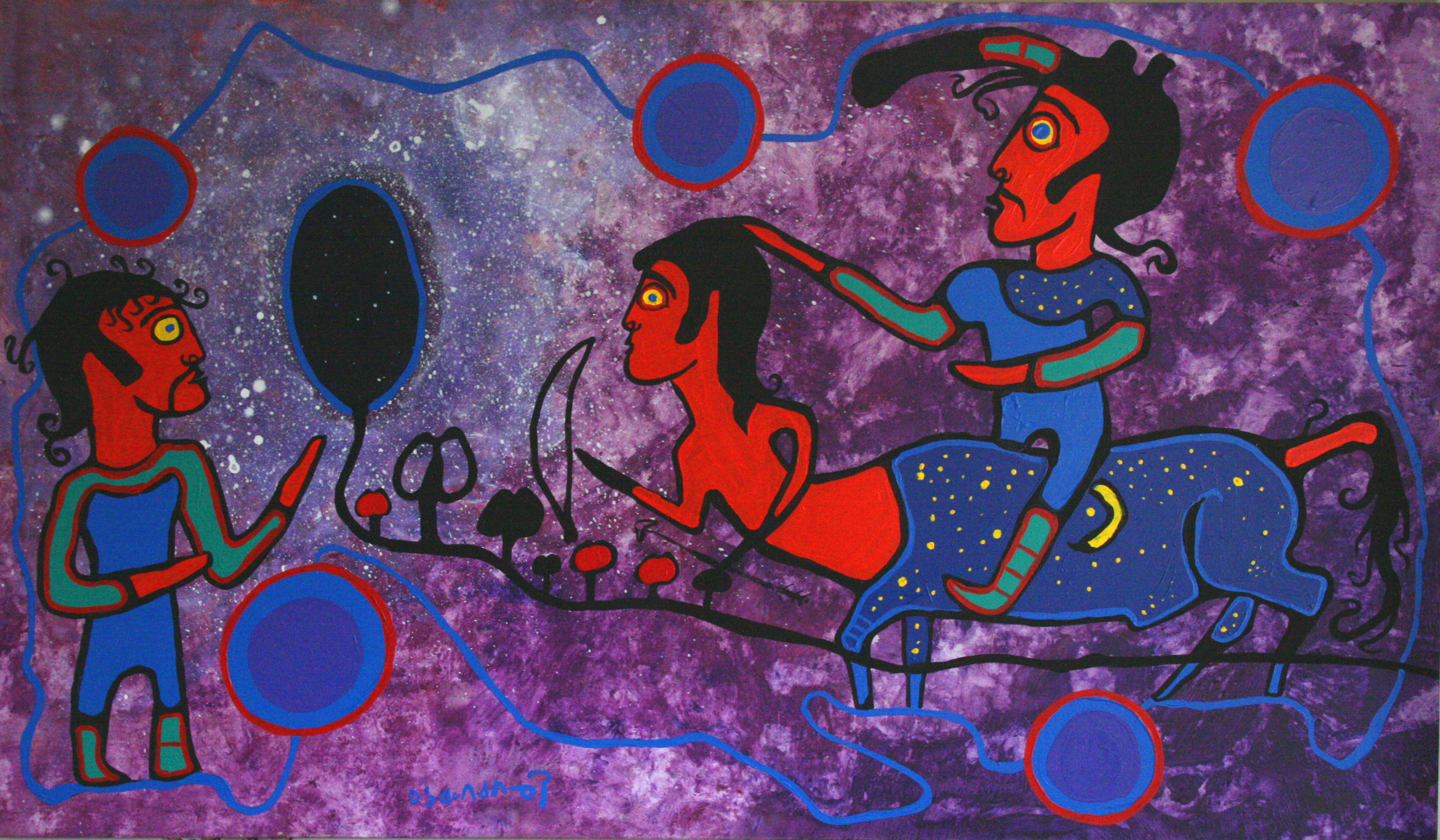 A deeply-colored painting on canvas depicting three figures: one (left) stands facing a second (right) who is seated straddling a third centaur-like creature with a horse-like body colored like the night sky; they are surrounded by six circles connected by a single thread, and set against a blue and purple milky way sky.