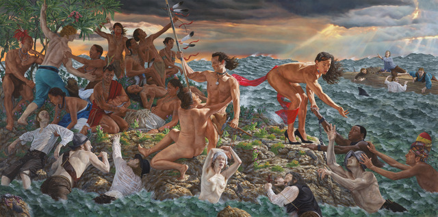 An acrylic painting depicting the arrival of European colonizers, with institutions of slavery and religion, to North America, clawing from a tumultuous sea onto land inhabited by Indigenous peoples. The artist’s alter ego, Miss Chief Eagle Testickle, stares directly forward while reaching their right arm down to help a shackled Black man from the sea.