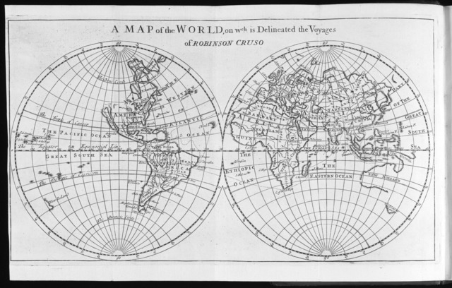 A black-and-white Nicolosi globular word map projection, with continents divided into two circular hemispheres (North and South American, left; Asia, Africa, Antarctica, Australia, and Europe, right) and meridians as circular arcs, equidistant along the equator.