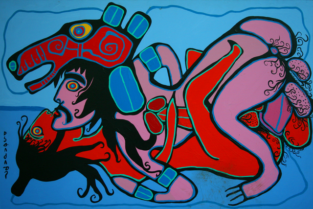 A deeply-colored painting on canvas depicting two figures, intertwined, their genitalia prominently featured, and engaging in sexual intercourse; the figure on top wears an animal headdress. The two figures lie back on a dark blue floor and are set against a lighter blue background.