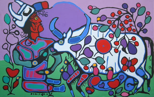 A brightly-colored painting on canvas depicting a man (left), wearing a helmet with horns, seated facing a bull (right); their bodies composed of blue- and green-hued geometric shapes. The figures are surrounded by vines and set against a green and lilac-colored background.